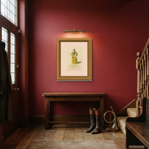 Lady of Quality of England in 1640, Yellow Satin Gown, Jefferys Print, 1757, shown framed in a room