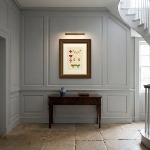 Sweden, Red Crosses, Collar and Medals, Plate LXXXI, Wood Engraving, 1844, shown framed in a room